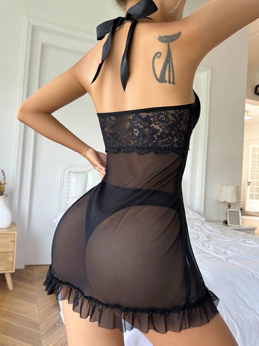 Lace See-Through Babydoll with Triangle Panties – 2 Pieces