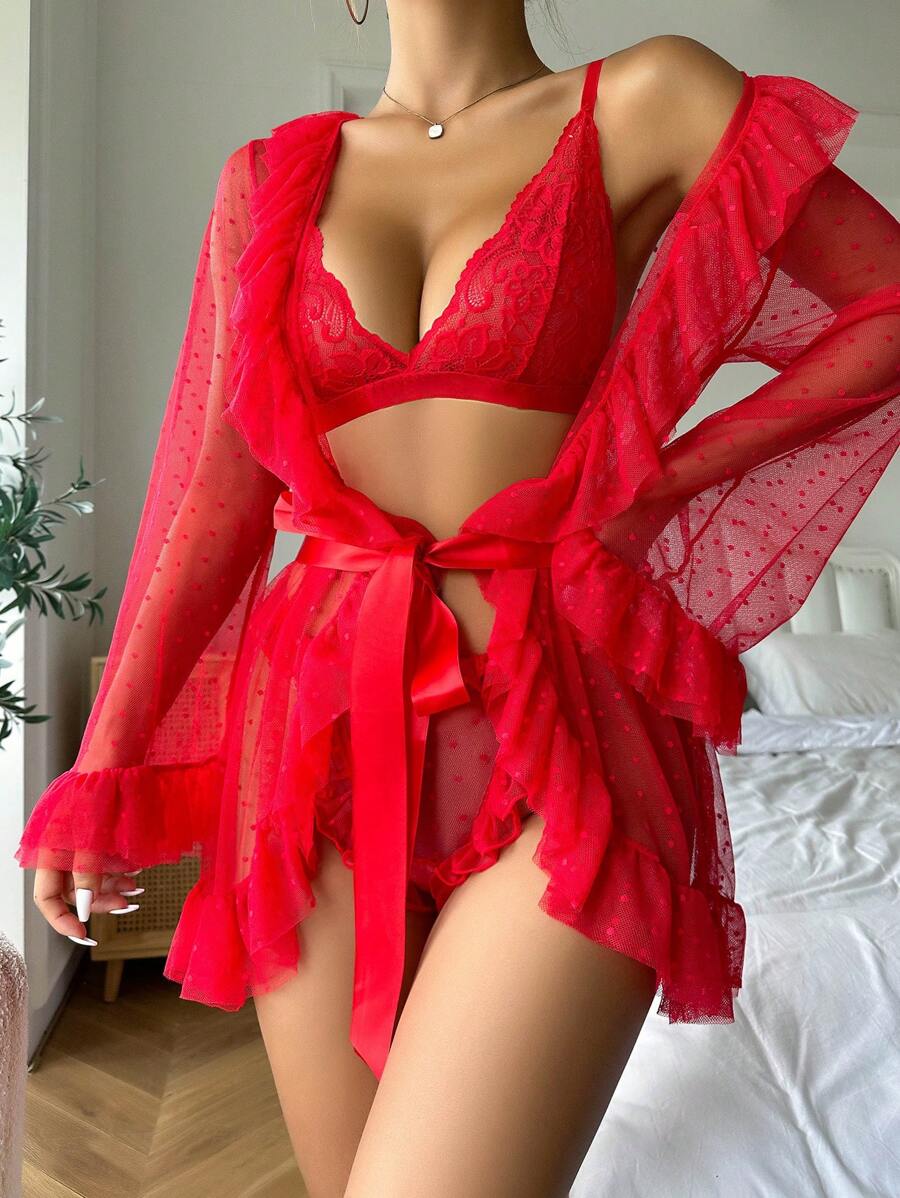 Floral Lace Lingerie Set with Ruffle Trim & Belted Robe