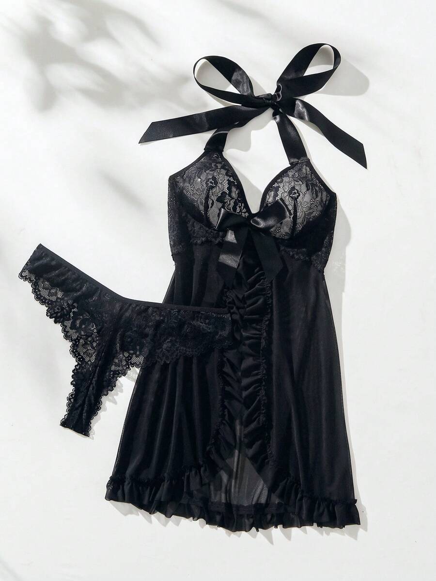 Lace See-Through Babydoll with Triangle Panties – 2 Pieces