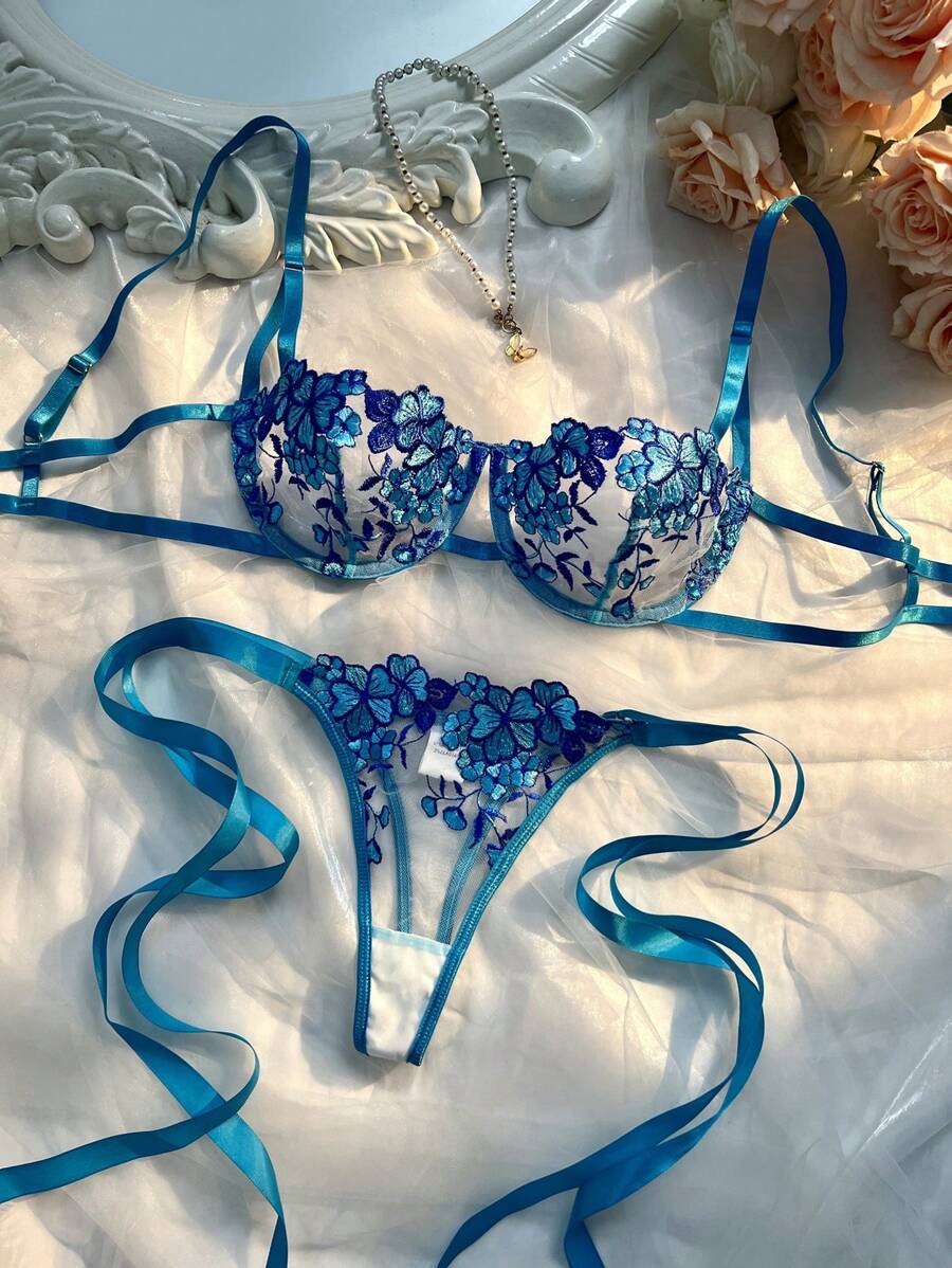 Sky Blue Embroidered Strap Lingerie Set – 2 Pieces