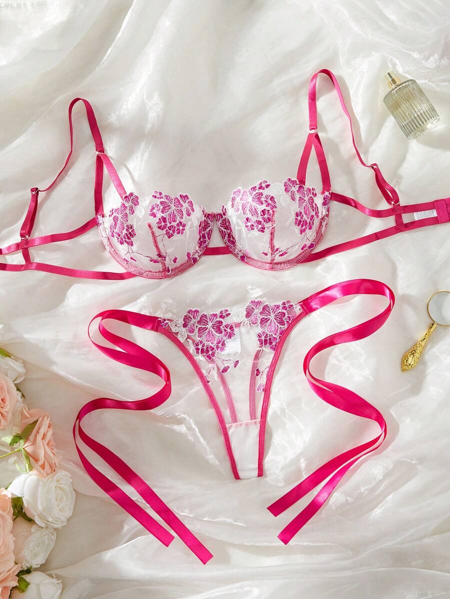 Sky Blue Embroidered Strap Lingerie Set – 2 Pieces