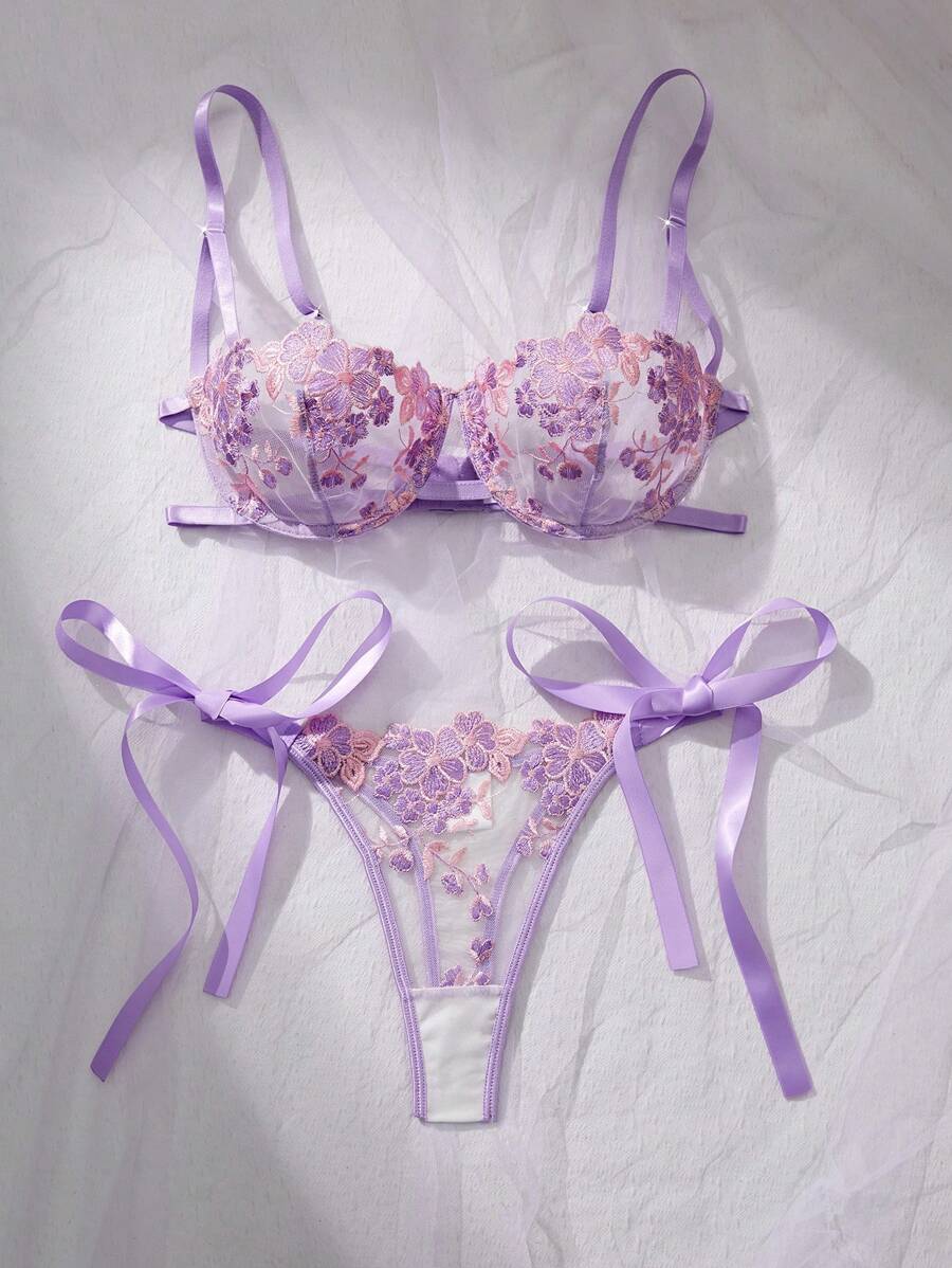 Sky Blue Embroidered Strap Lingerie Set – 2 Pieces