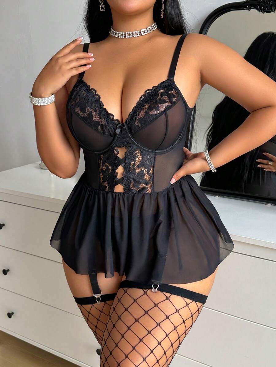 Plus Size Lace & Mesh Lingerie Dress with G-String – 2 Pieces