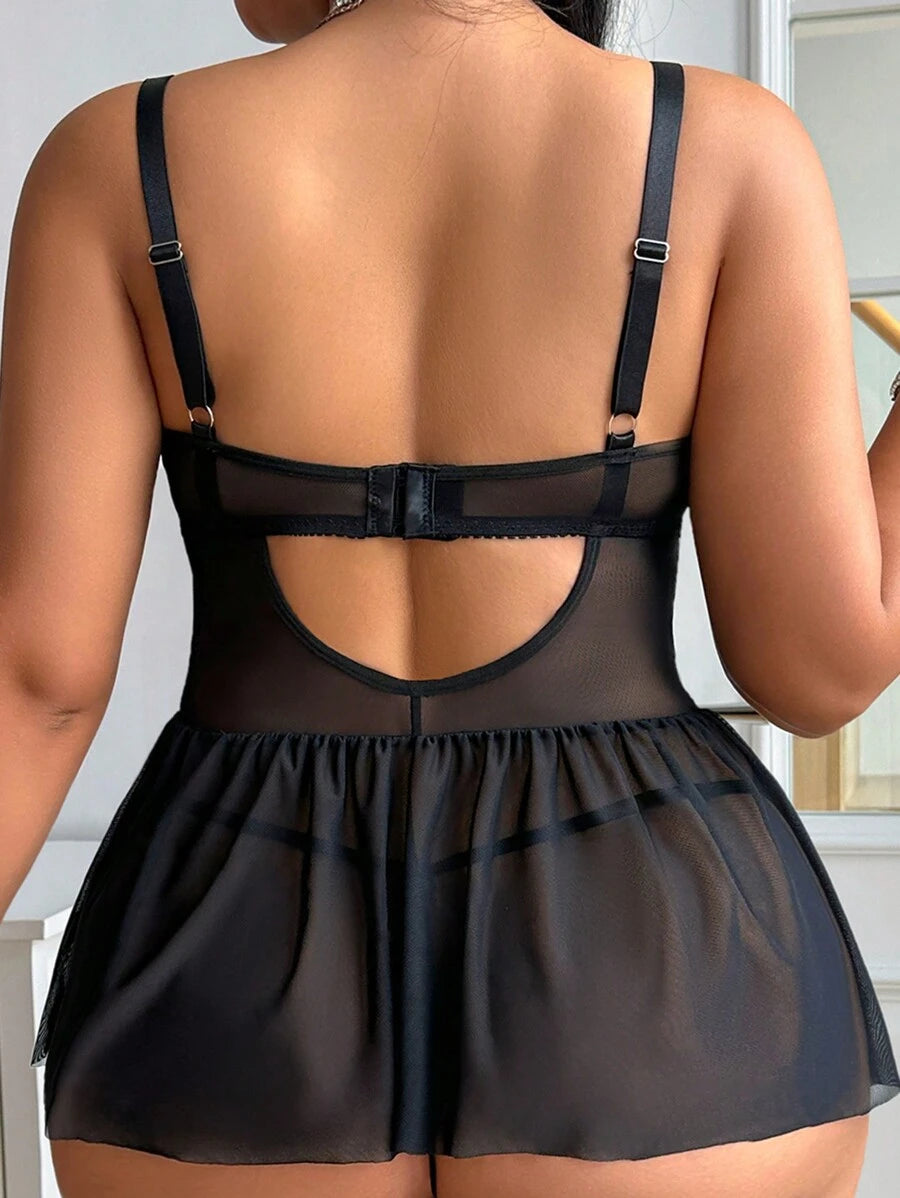 Plus Size Lace & Mesh Lingerie Dress with G-String – 2 Pieces