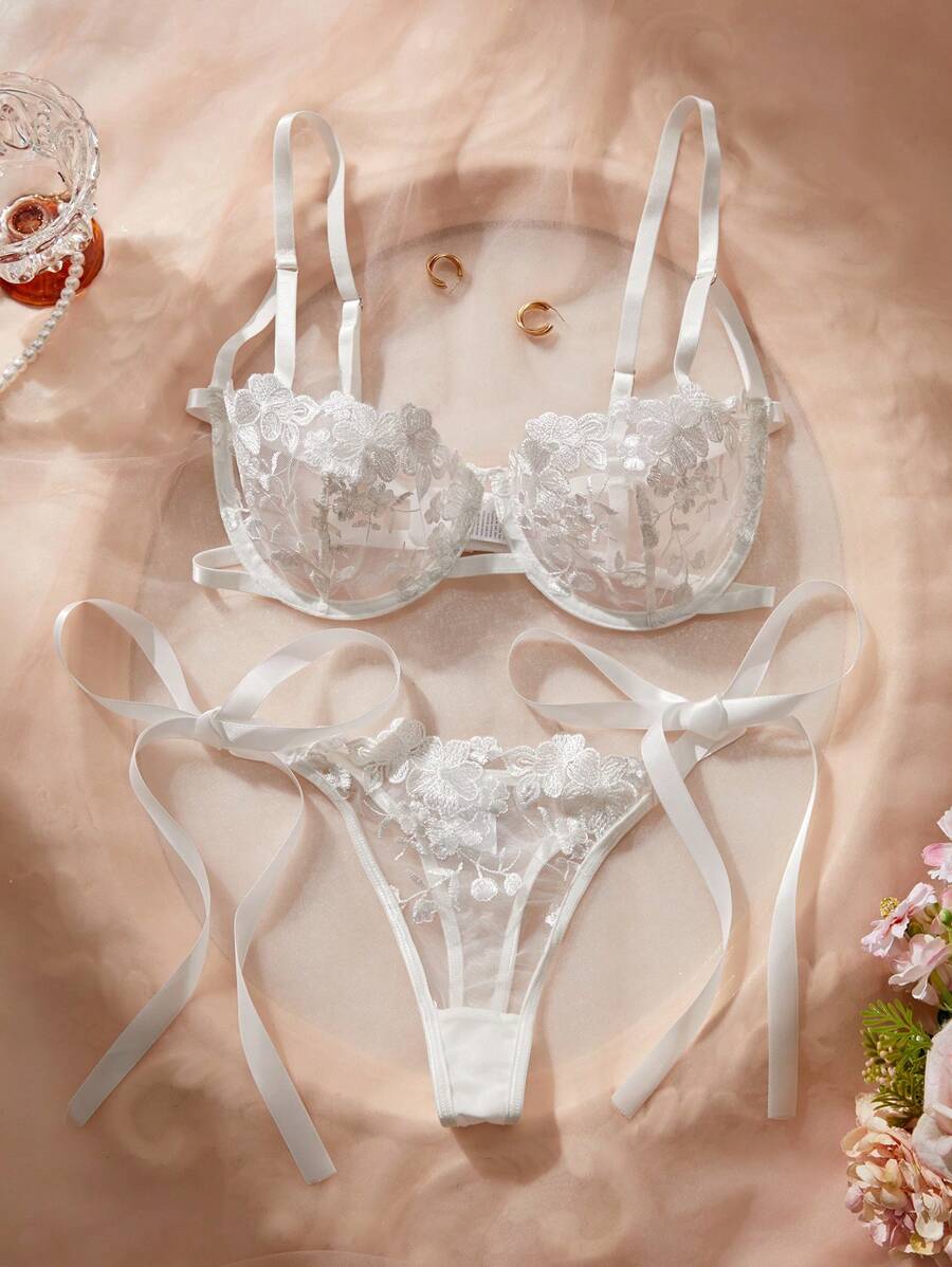 Sky Blue Embroidered Strap Lingerie Set – 2 Pieces