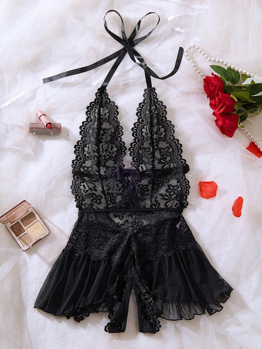 Plus Size Floral Lace Ruffle Hem Teddy Bodysuit