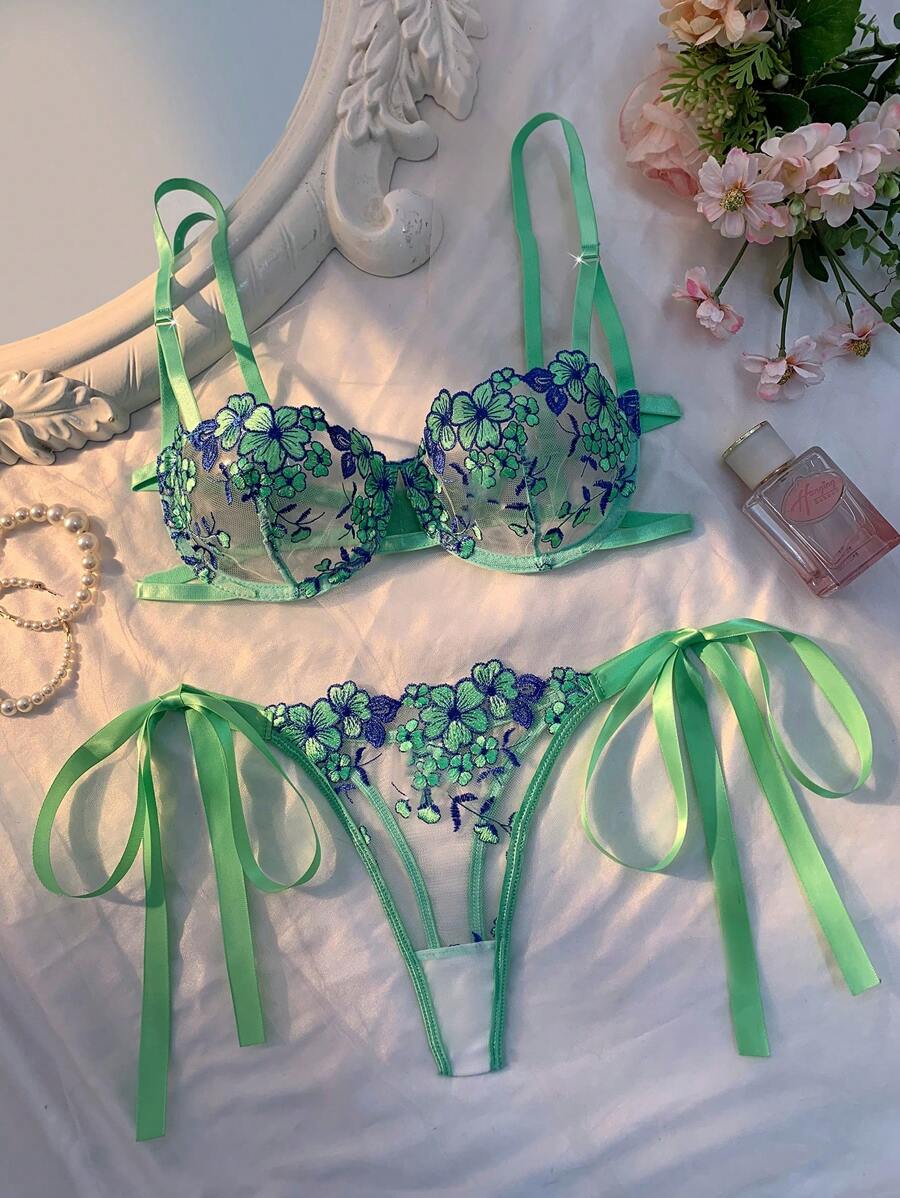 Sky Blue Embroidered Strap Lingerie Set – 2 Pieces