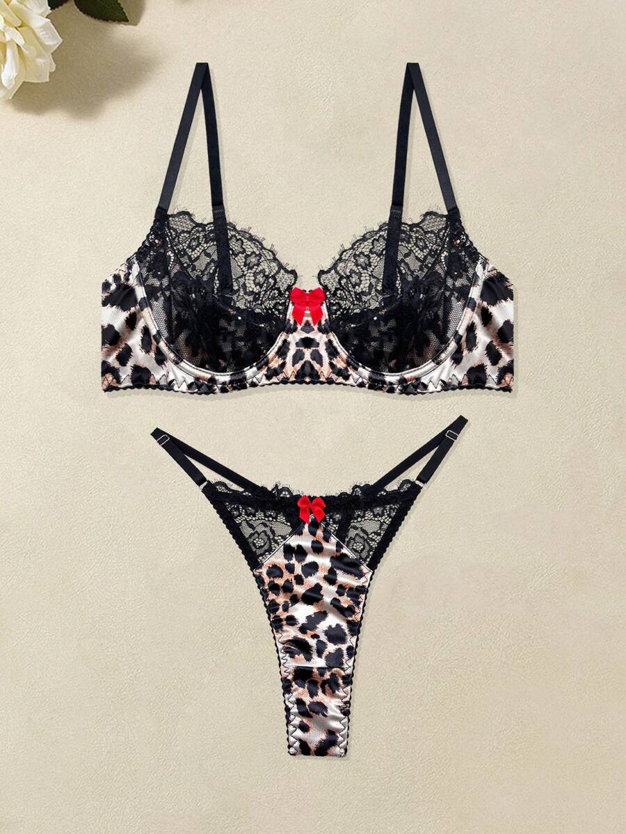 Eyelash Lace & Leopard Print Lingerie Set – Bra & Thong