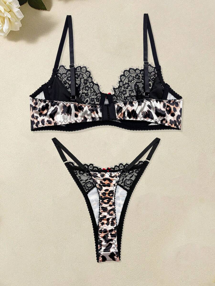 Eyelash Lace & Leopard Print Lingerie Set – Bra & Thong