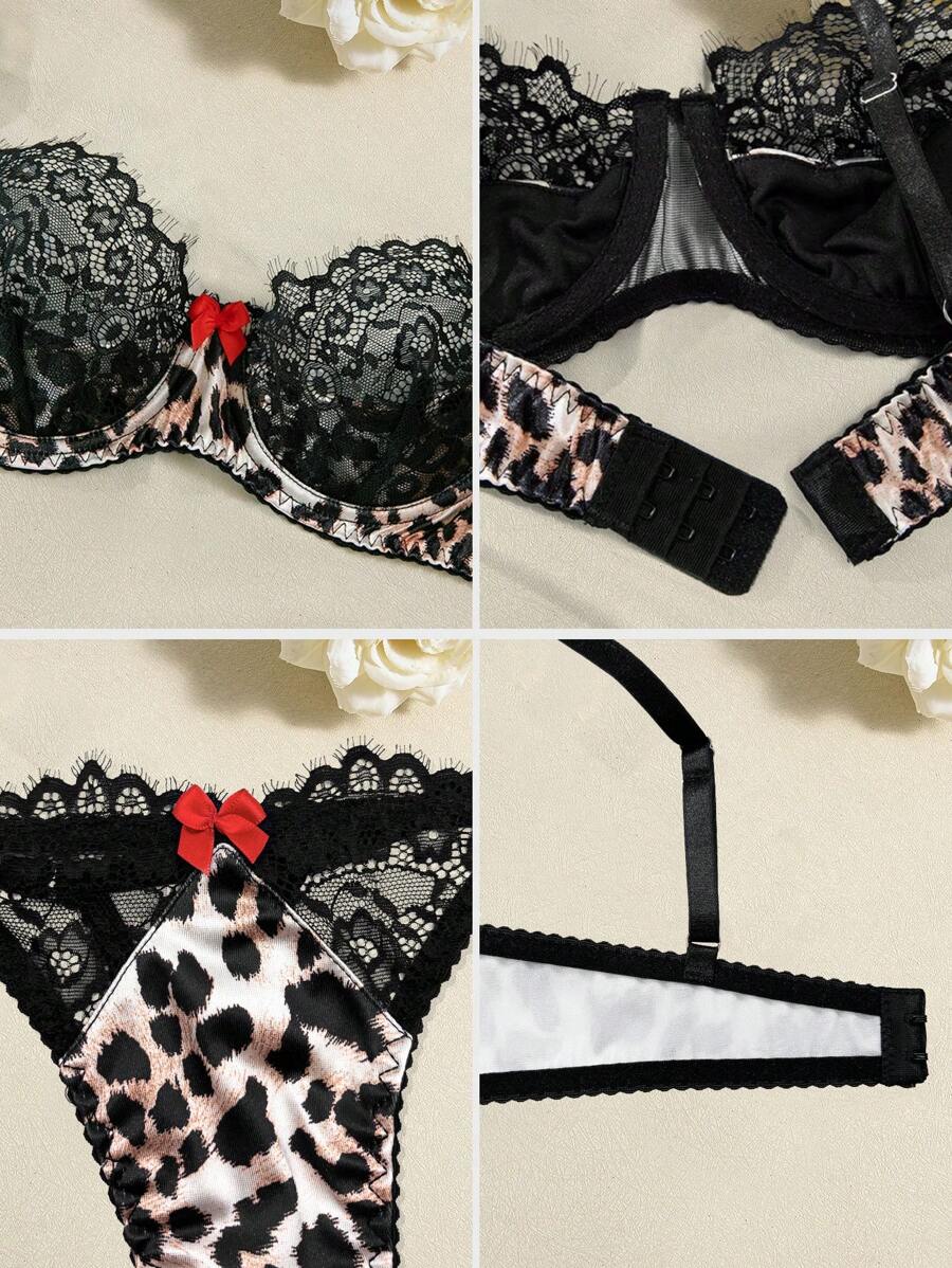 Eyelash Lace & Leopard Print Lingerie Set – Bra & Thong
