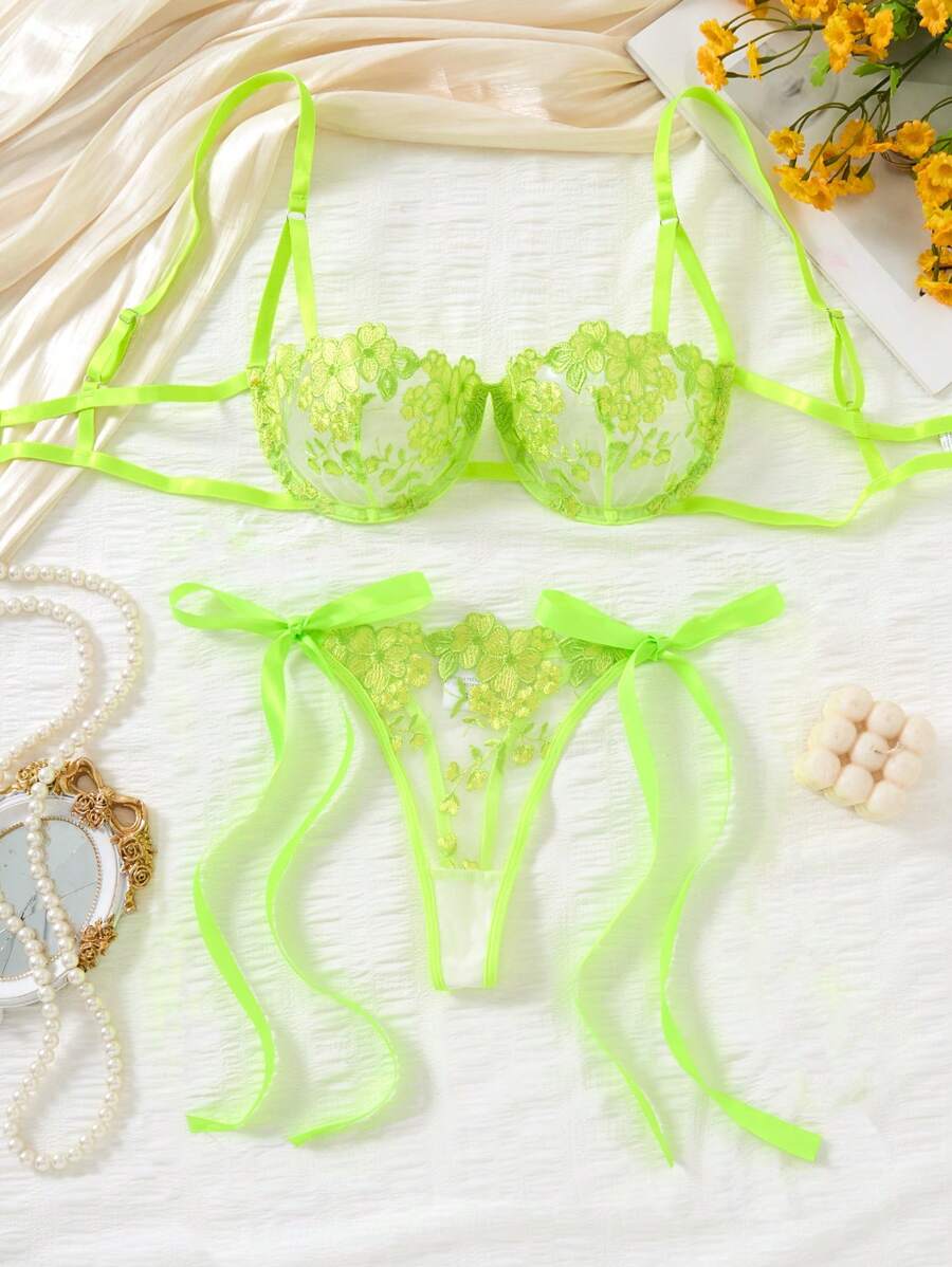 Sky Blue Embroidered Strap Lingerie Set – 2 Pieces