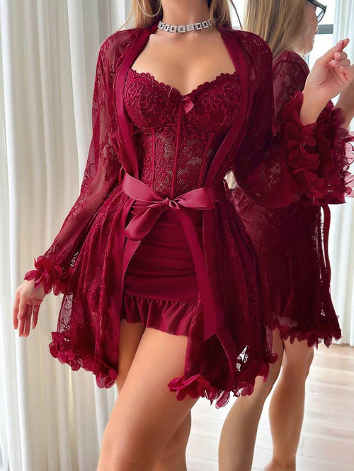 2-Piece Floral Lace Robe & Camisole Nightgown Set