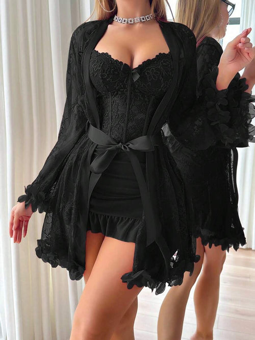 2-Piece Floral Lace Robe & Camisole Nightgown Set