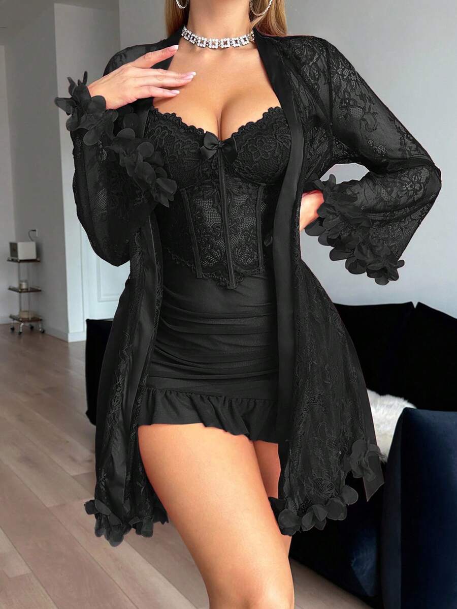 2-Piece Floral Lace Robe & Camisole Nightgown Set