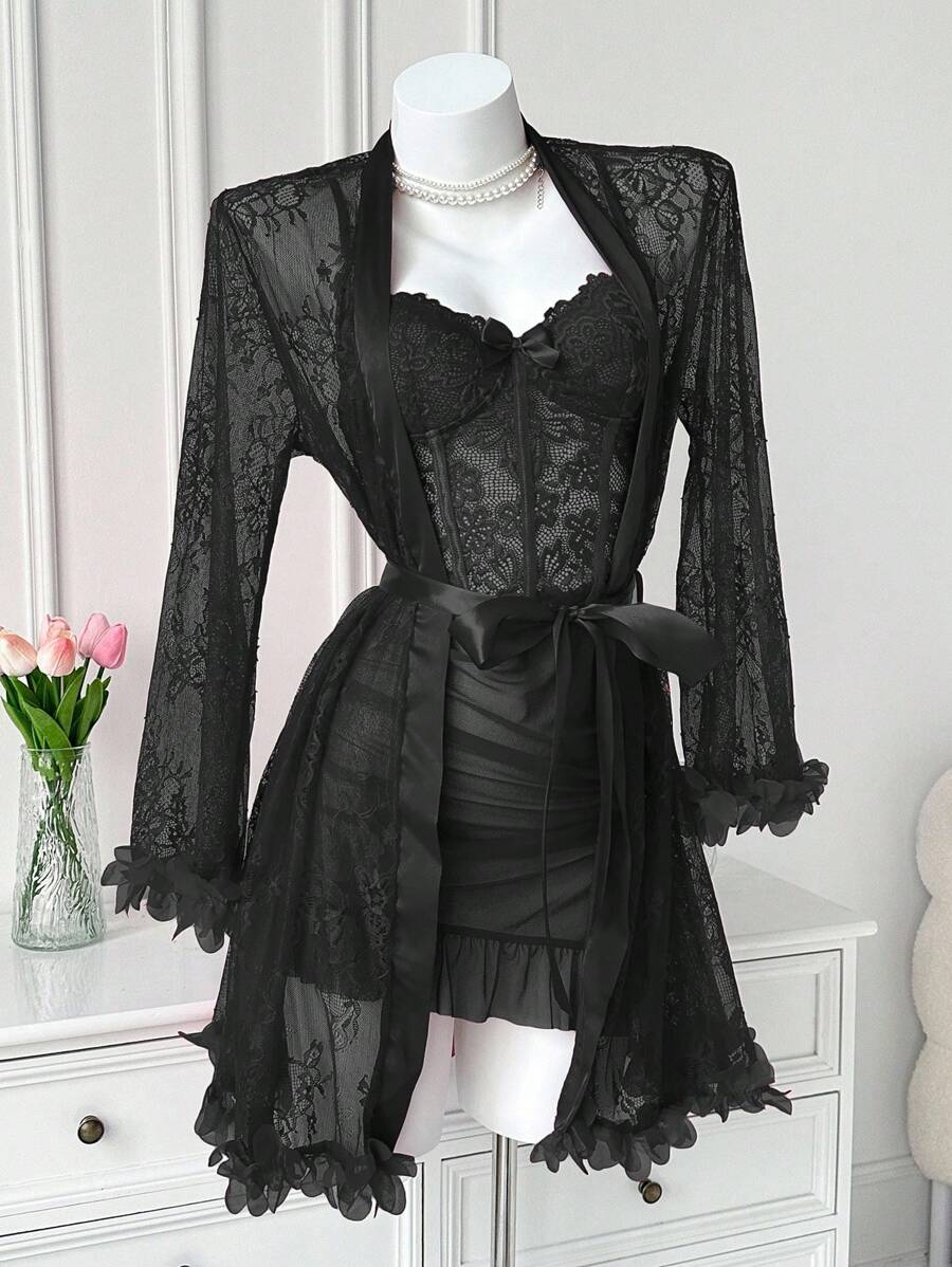 2-Piece Floral Lace Robe & Camisole Nightgown Set