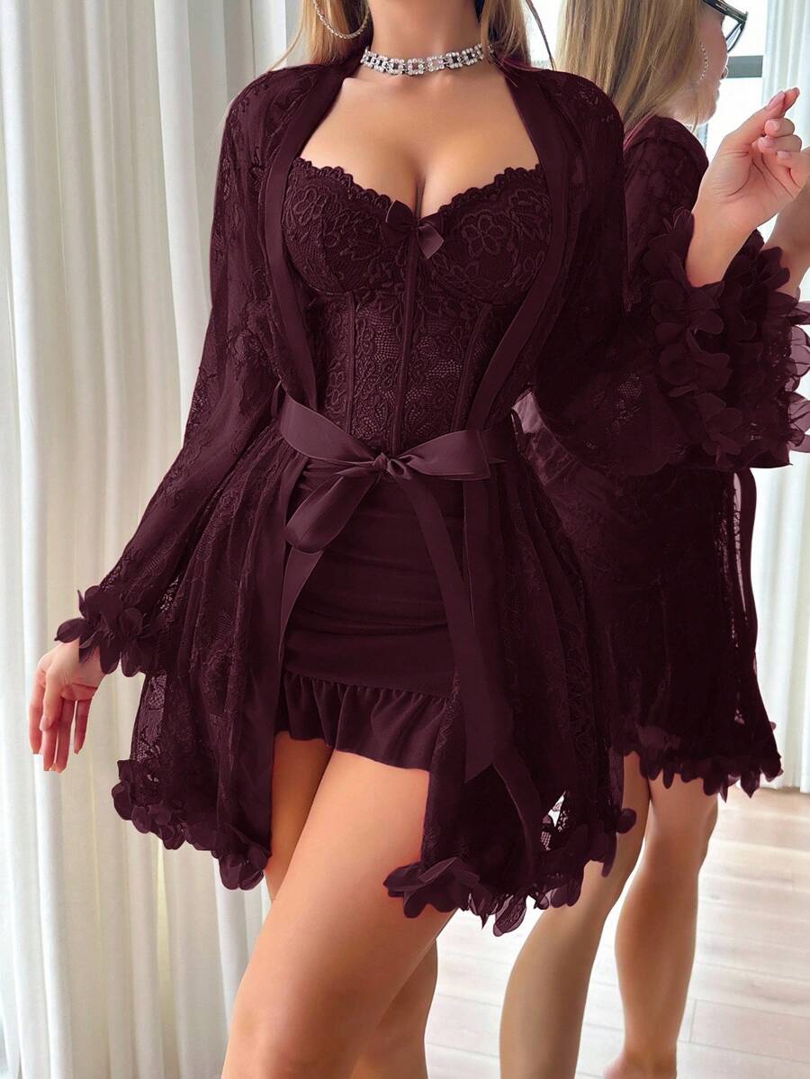 2-Piece Floral Lace Robe & Camisole Nightgown Set