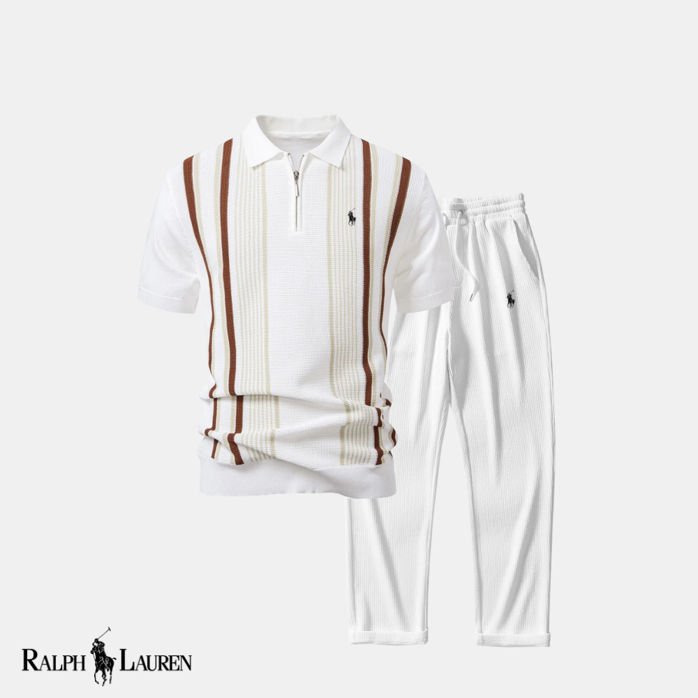 R&L™ “Stripe & Streamline” Duo: Knit Zip-Up Polo + Slim-Fit Tapered Trousers