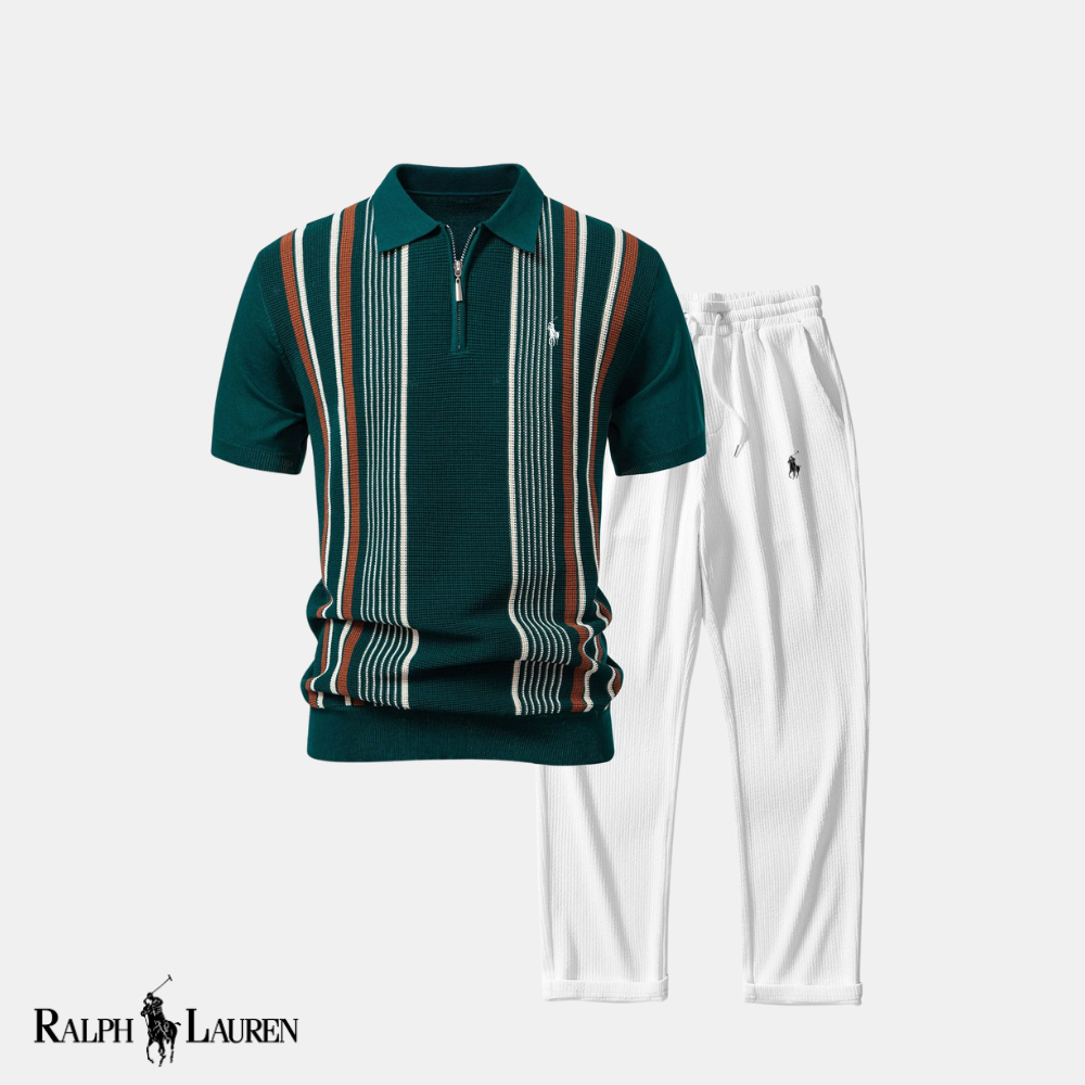R&L™ “Stripe & Streamline” Duo: Knit Zip-Up Polo + Slim-Fit Tapered Trousers