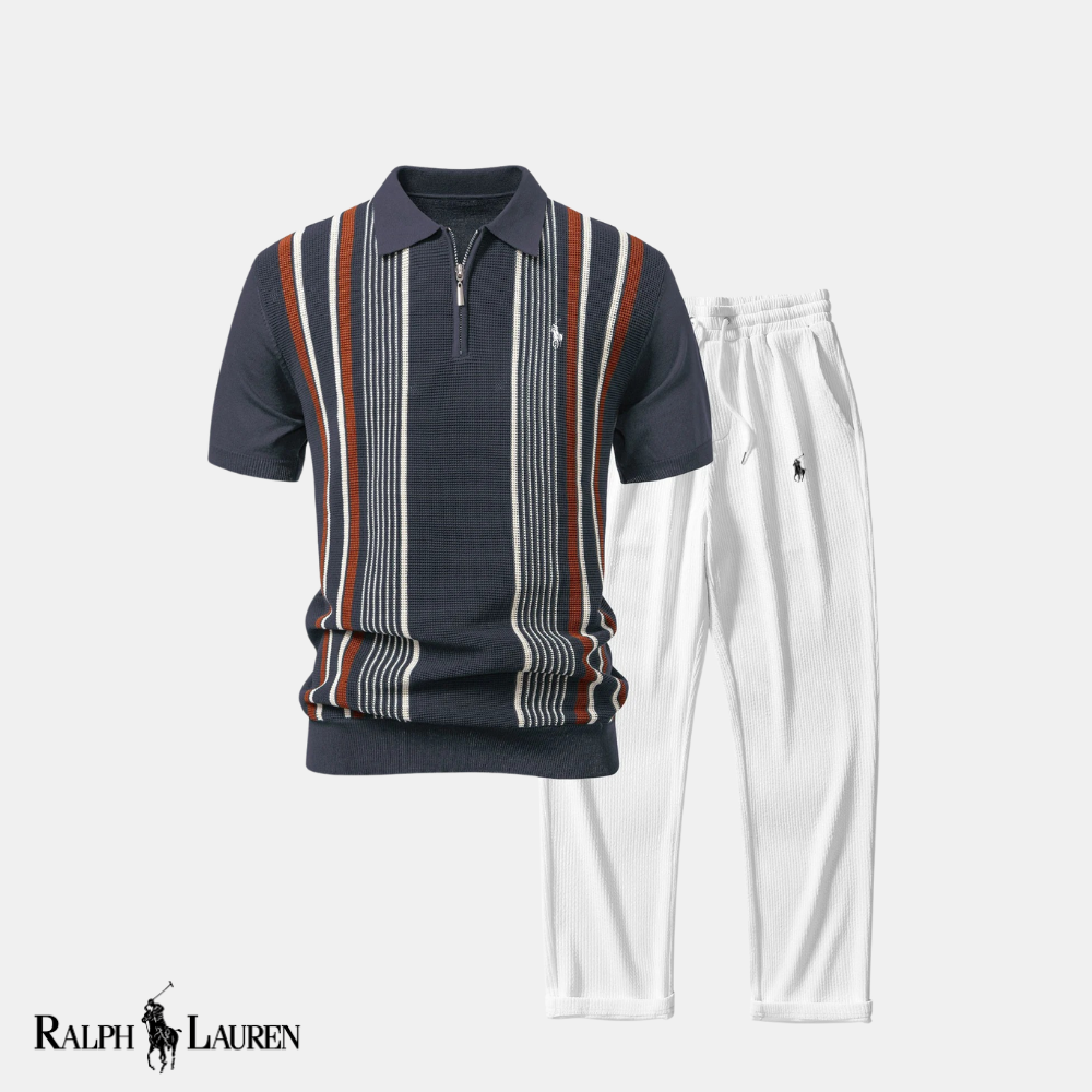 R&L™ “Stripe & Streamline” Duo: Knit Zip-Up Polo + Slim-Fit Tapered Trousers