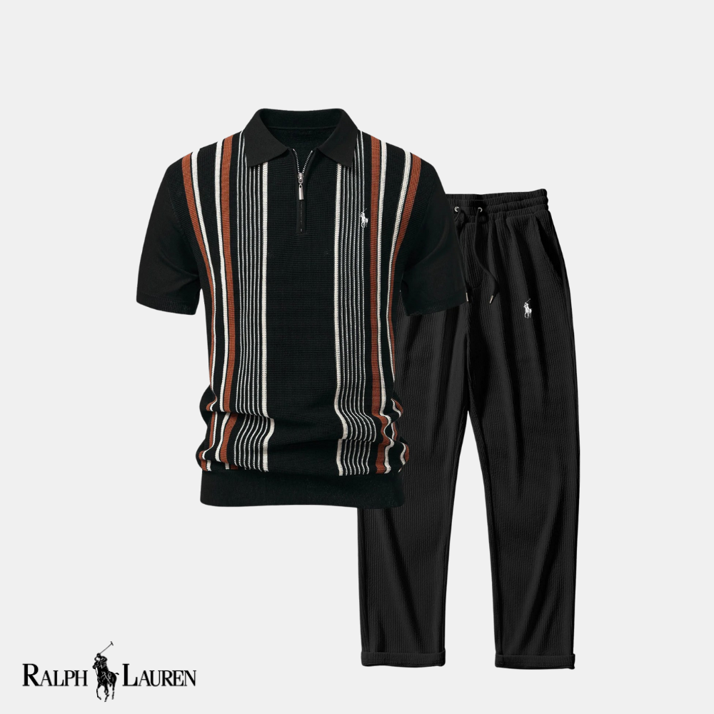 R&L™ “Stripe & Streamline” Duo: Knit Zip-Up Polo + Slim-Fit Tapered Trousers