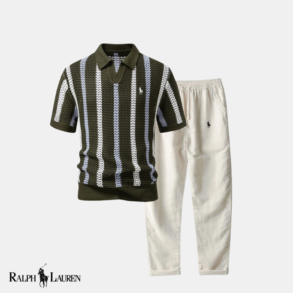 R & L™ Coastal Crochet: Striped V-Neck Polo + Straight-Leg Linen Pants Set