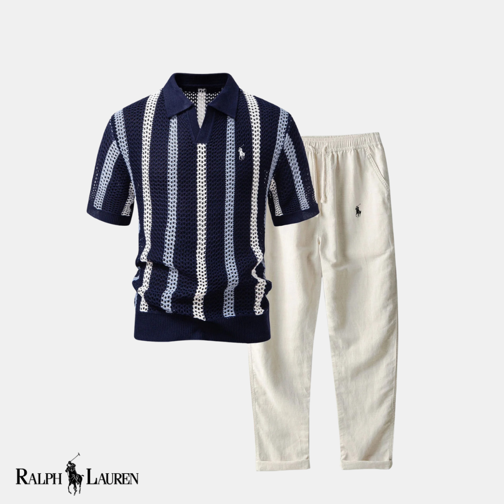 R & L™ Coastal Crochet: Striped V-Neck Polo + Straight-Leg Linen Pants Set