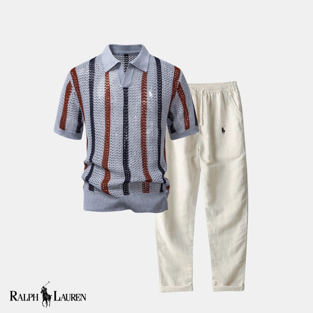 R & L™ Coastal Crochet: Striped V-Neck Polo + Straight-Leg Linen Pants Set