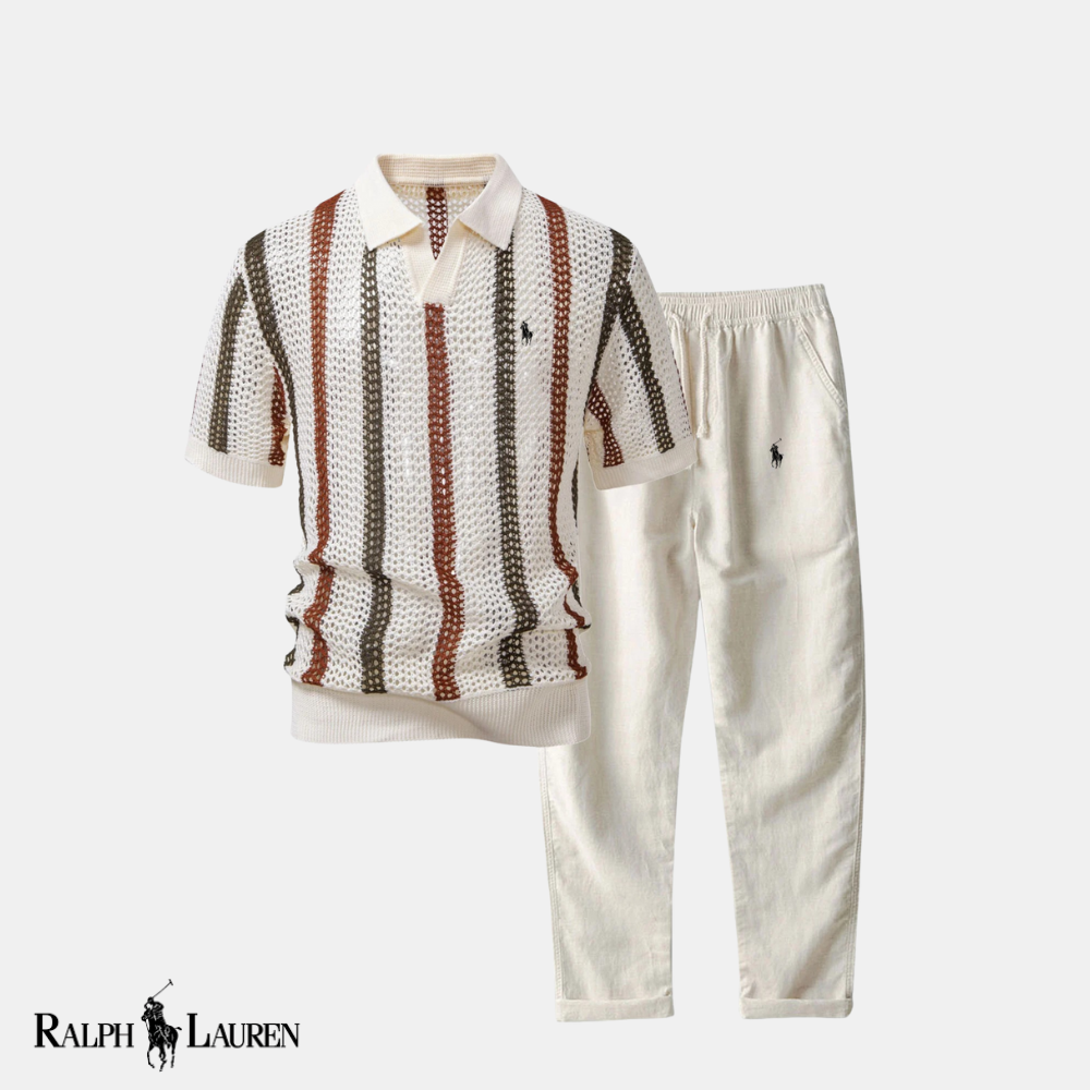 R & L™ Coastal Crochet: Striped V-Neck Polo + Straight-Leg Linen Pants Set