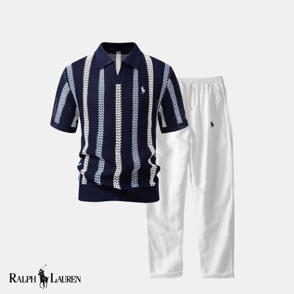 R & L™ Coastal Crochet: Striped V-Neck Polo + Straight-Leg Linen Pants Set