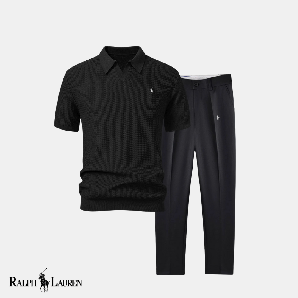 R & L™ “Wave & Tailor” Set: Textured V-Neck Polo + Slim-Fit Tapered Trousers