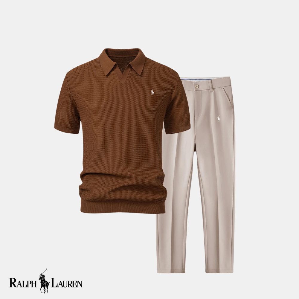 R & L™ “Wave & Tailor” Set: Textured V-Neck Polo + Slim-Fit Tapered Trousers