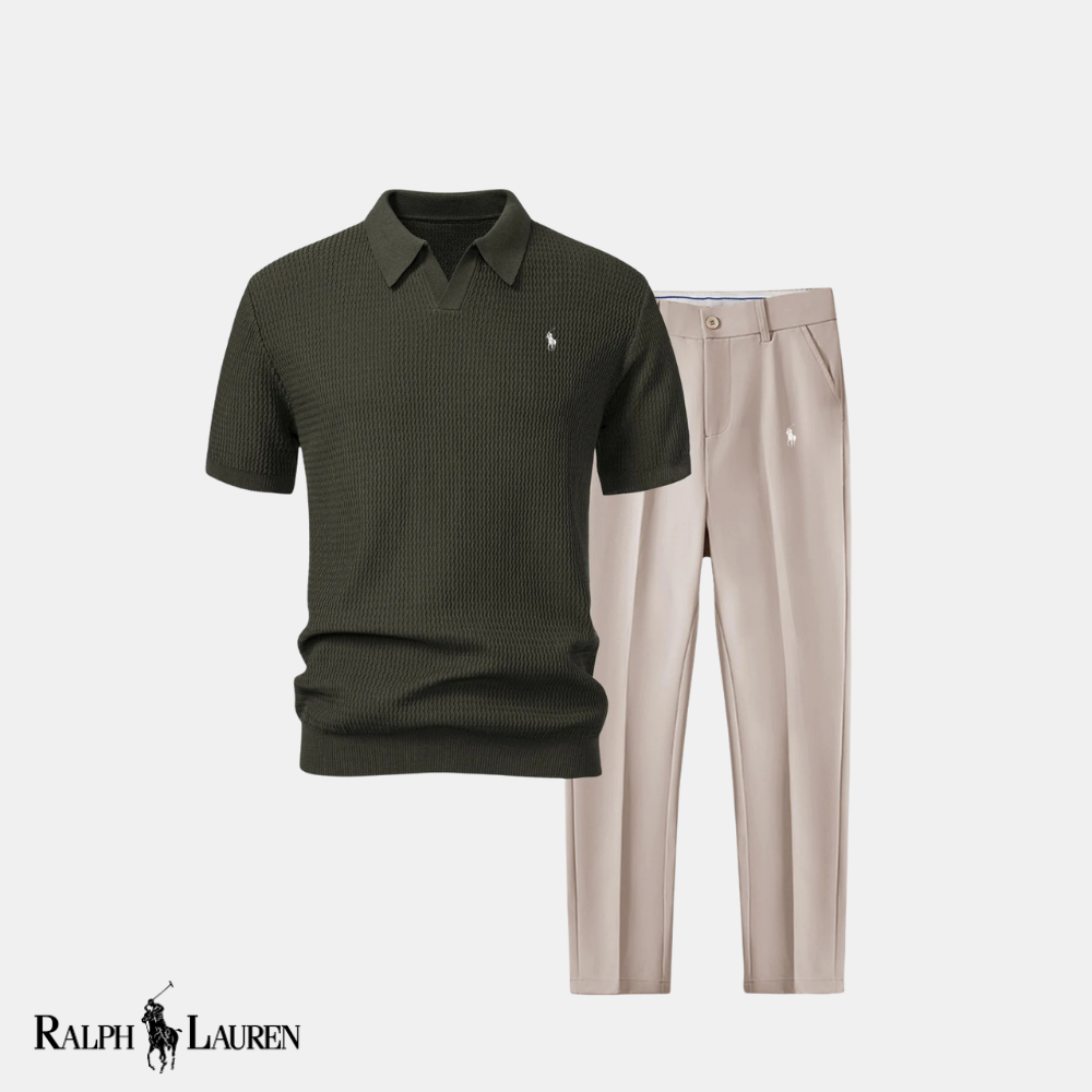 R & L™ “Wave & Tailor” Set: Textured V-Neck Polo + Slim-Fit Tapered Trousers