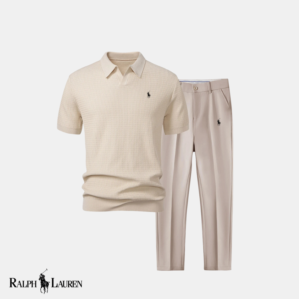 R & L™ “Wave & Tailor” Set: Textured V-Neck Polo + Slim-Fit Tapered Trousers