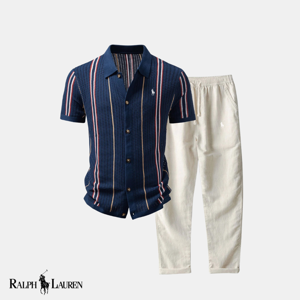 R & L™ “Breeze & Texture” Set: Stripe Eyelet Knit Shirt + Straight-Leg Linen Pants