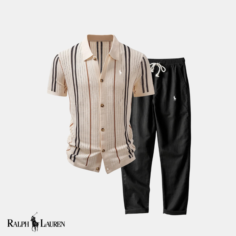 R & L™ “Breeze & Texture” Set: Stripe Eyelet Knit Shirt + Straight-Leg Linen Pants