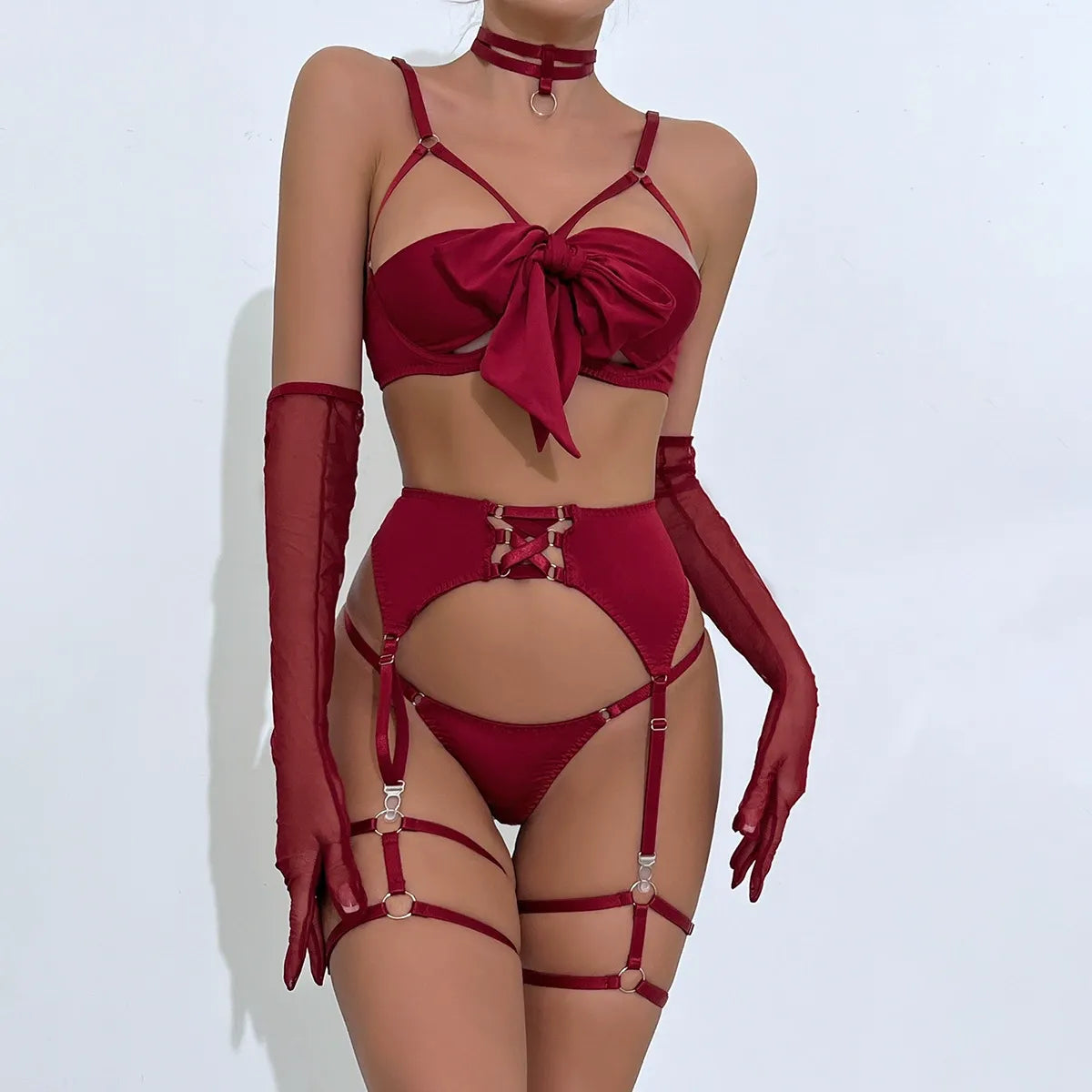Zaavix™ – Satin Garter Hollow Gather Four-Piece Lingerie Set