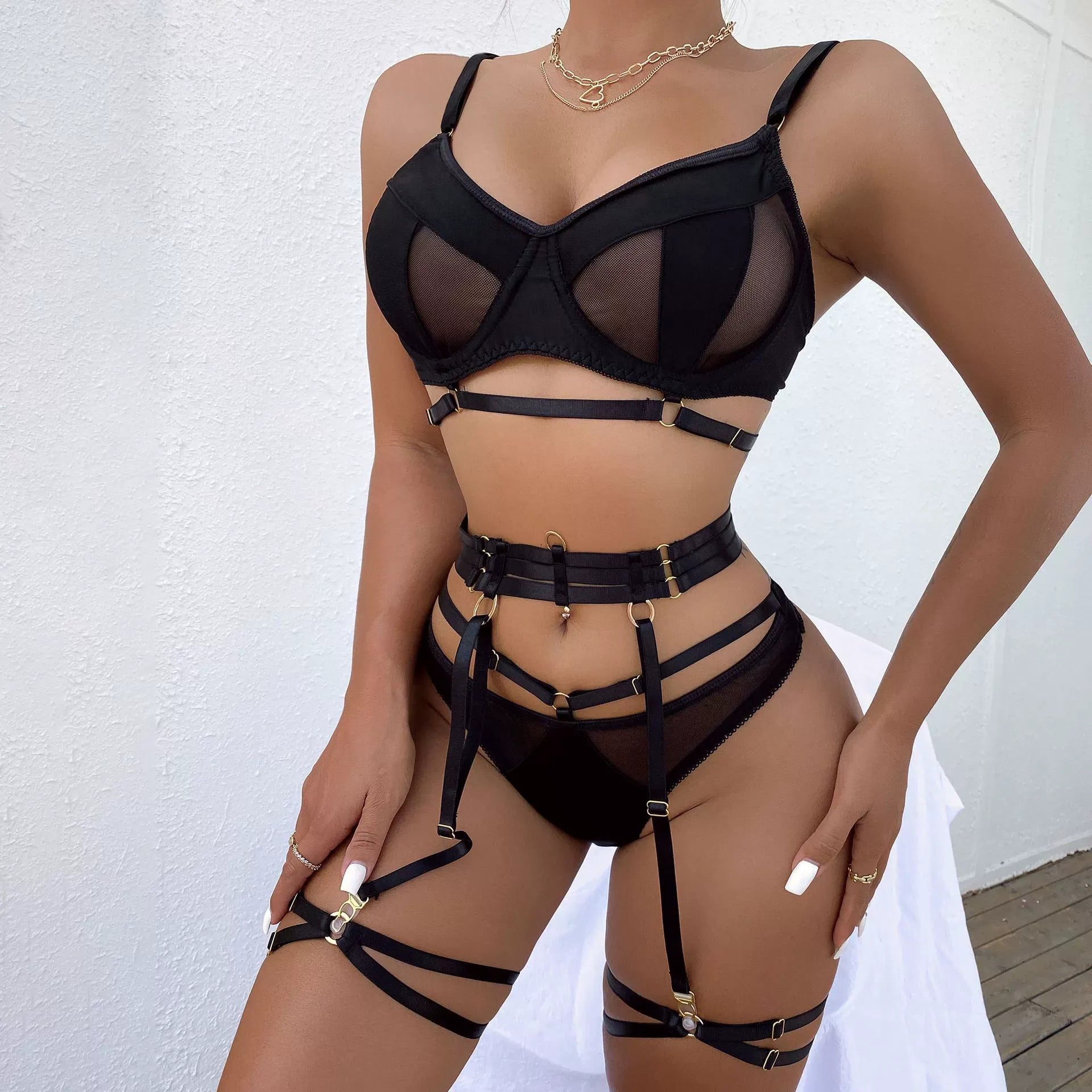 Zaavix™ – Four-Piece Hollow Lace & Mesh Lingerie Set