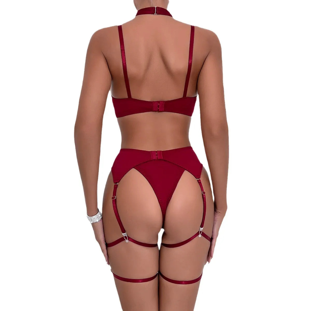 Zaavix™ – Satin Garter Hollow Gather Four-Piece Lingerie Set