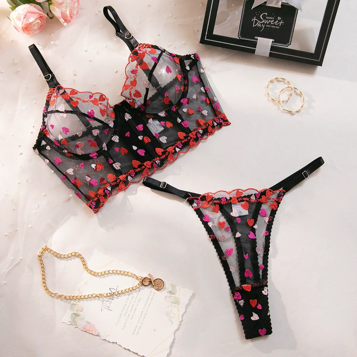 Zaavix™ – Heart Embroidery Lace Mesh Bra Set