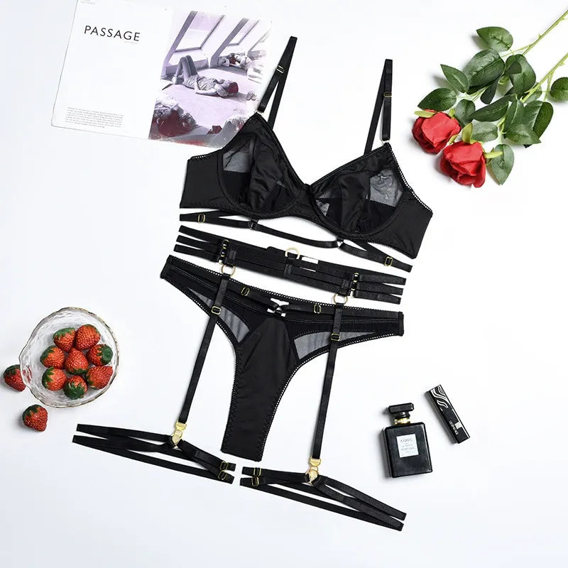 Zaavix™ – Four-Piece Hollow Lace & Mesh Lingerie Set