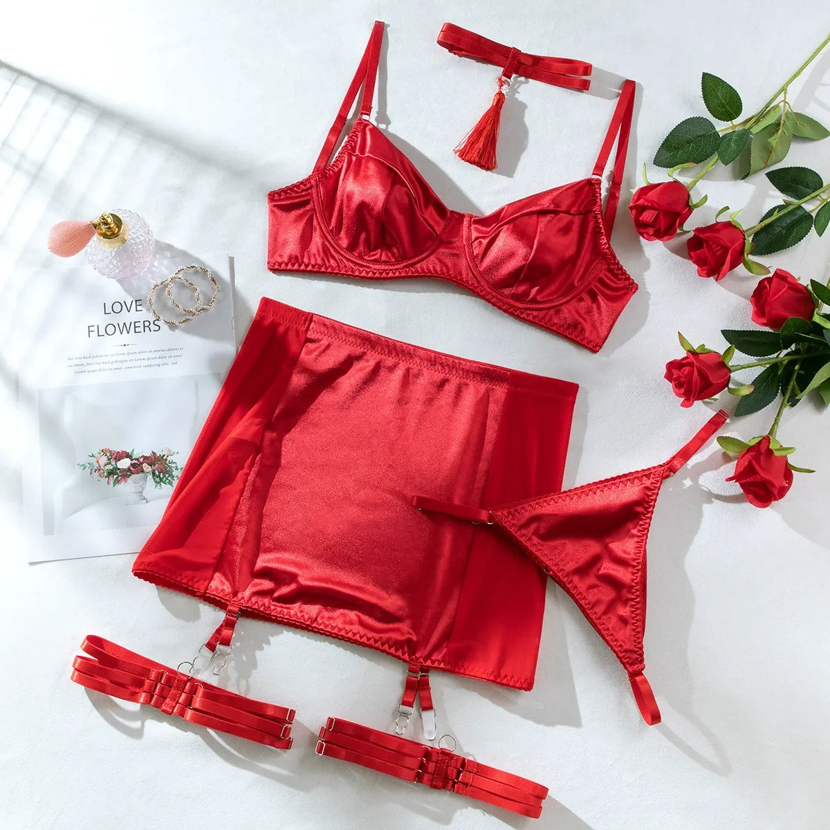 Zaavix™ – Satin Tassel Four-Piece Lingerie Set