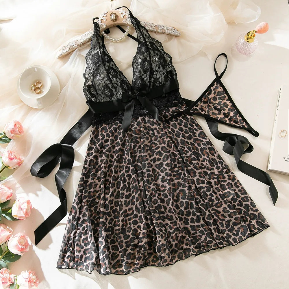 Zaavix™ – Lace Leopard Mesh Bow Nightdress Set