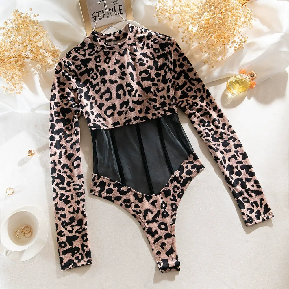 Zaavix™ – Leopard Print Mesh Body-Shaping Jumpsuit
