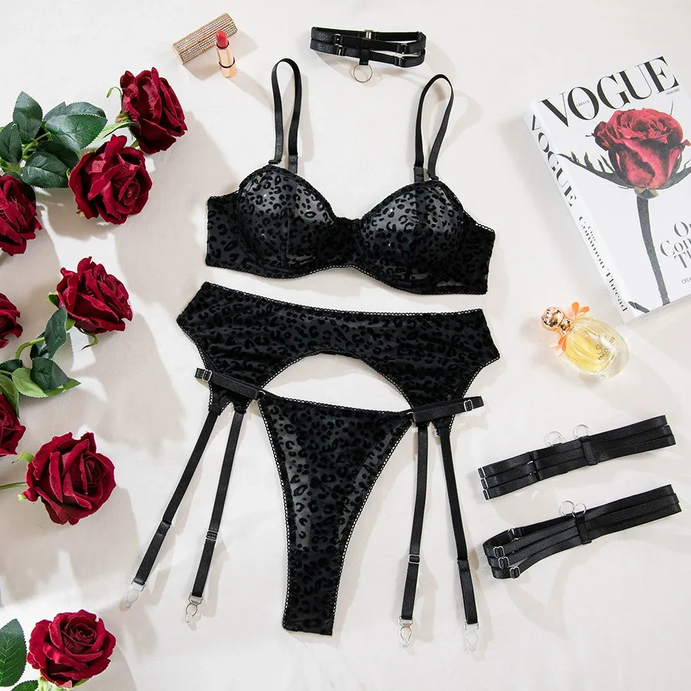 Zaavix™ – Flocked Leopard Mesh Suspender Lingerie Set