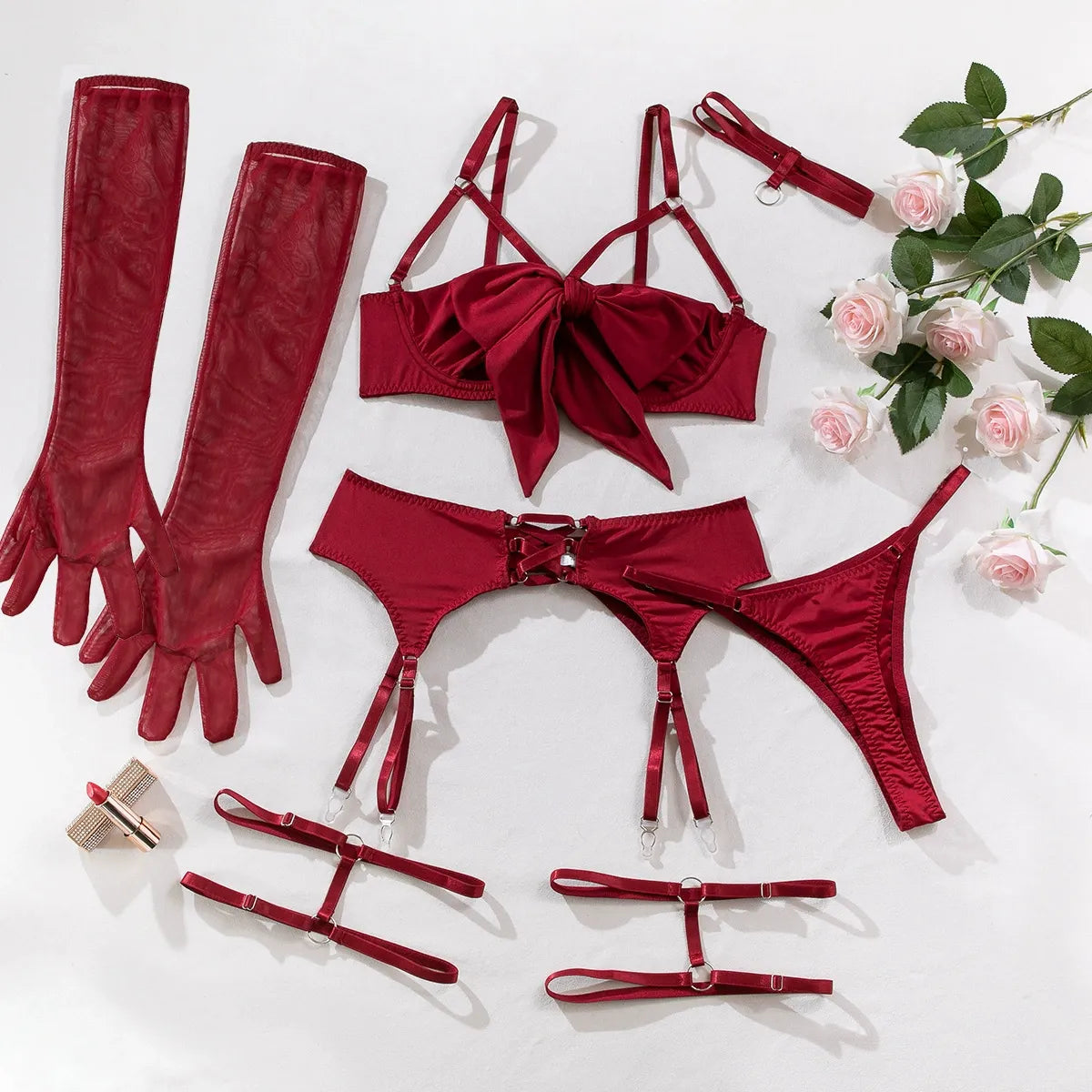Zaavix™ – Satin Garter Hollow Gather Four-Piece Lingerie Set
