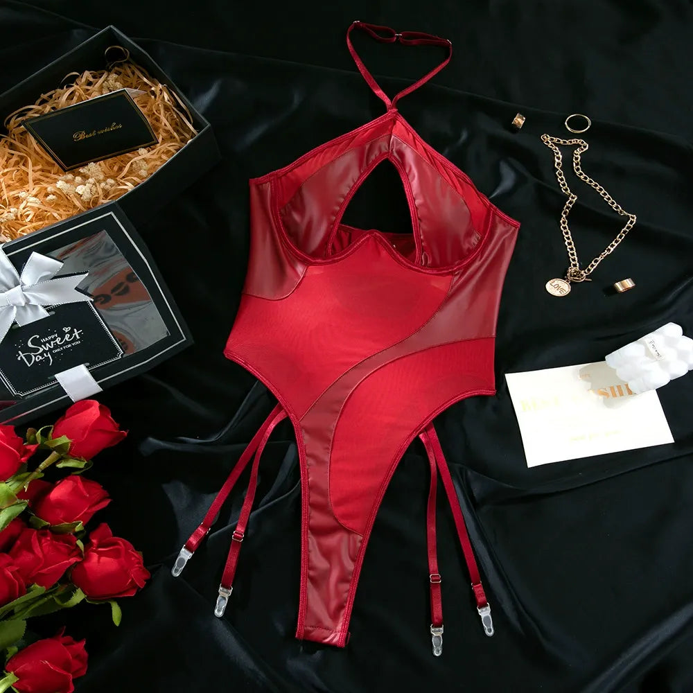 Zaavix™ – Mesh & PU Leather Halter Neck Jumpsuit