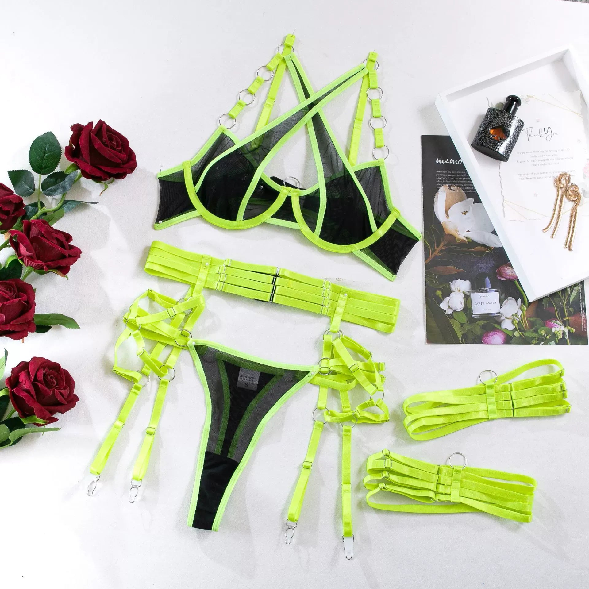Zaavix™ – Cross-Stitched Mesh Three-Piece Lingerie Set