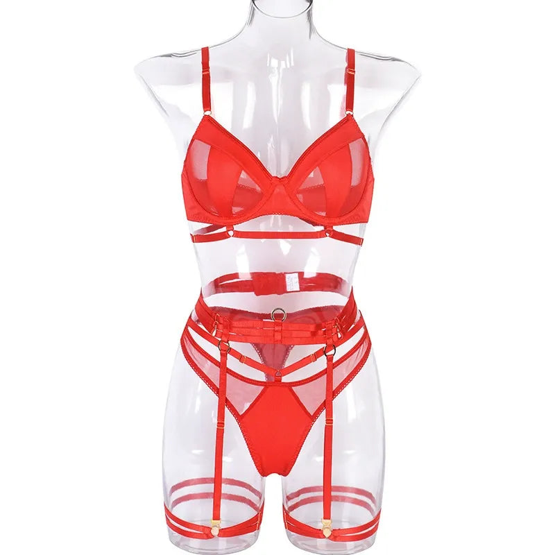 Zaavix™ – Four-Piece Hollow Lace & Mesh Lingerie Set