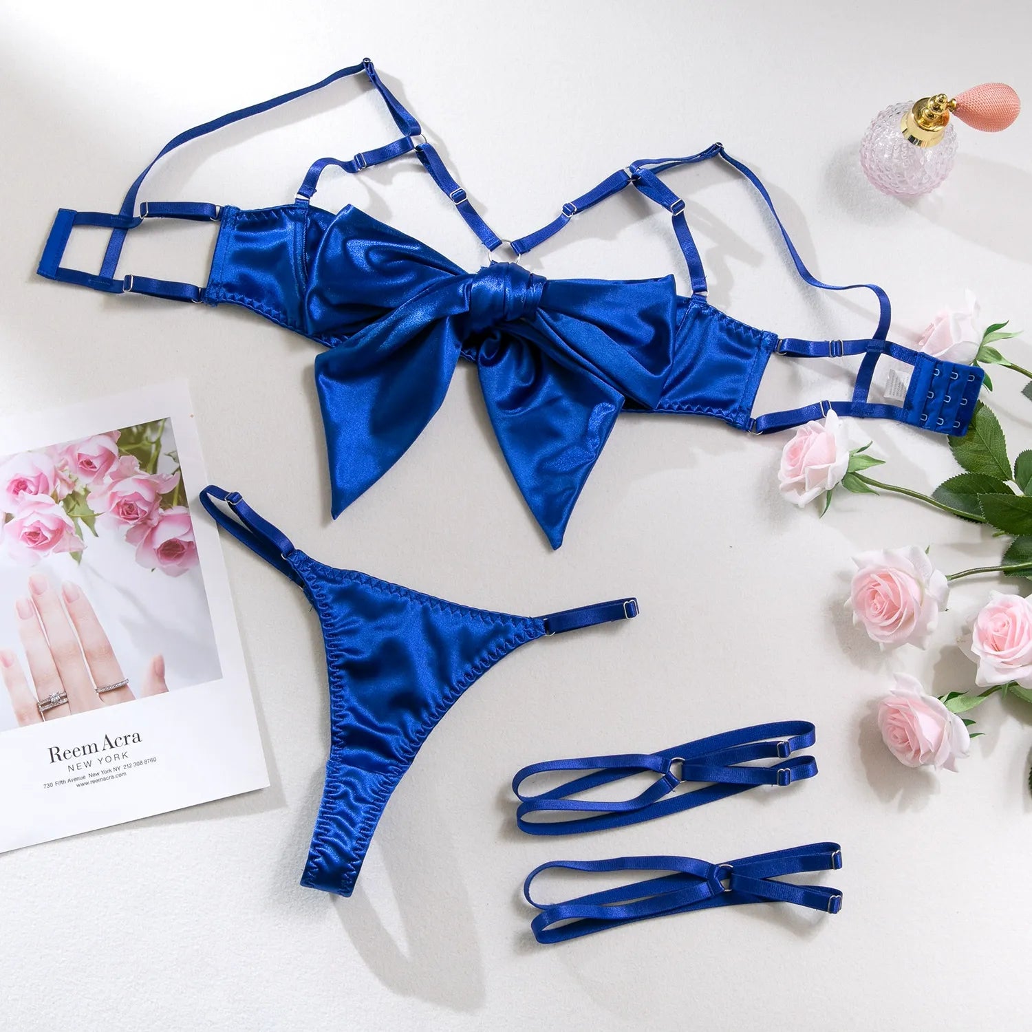 Zaavix™ – Satin Ribbon Leg Ring Three-Piece Lingerie Set