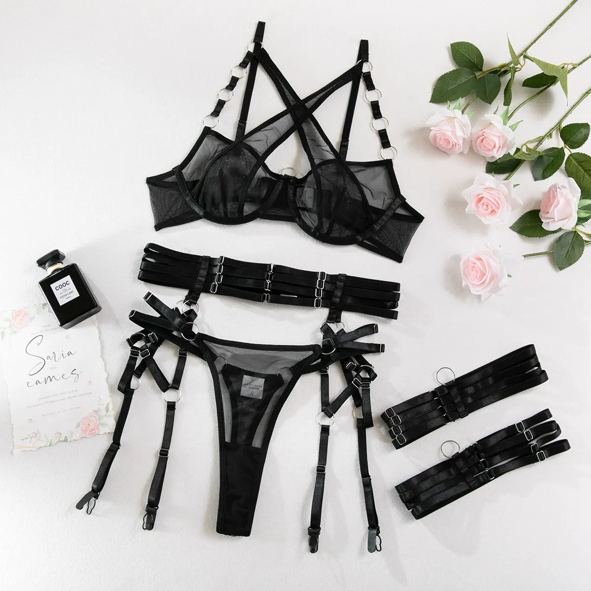 Zaavix™ – Cross-Stitched Mesh Three-Piece Lingerie Set